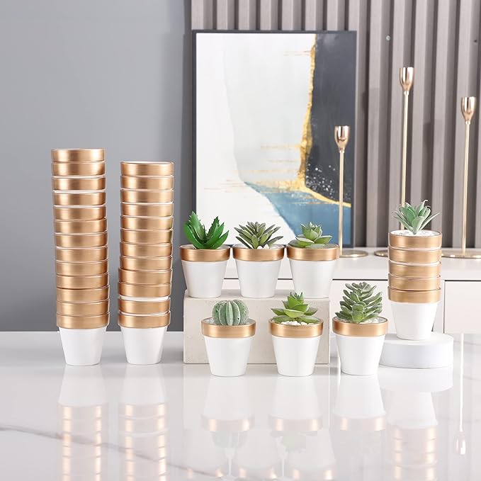 Yishang 72 pcs Small Mini White&Gold Clay Pots, 2.5'' Terracotta Pot Clay Ceramic Pottery Planter,Cactus Flower Terra Cotta Pots,Succulents Nursery Pots,with Drainage Hole,for Crafts,Wedding Favor