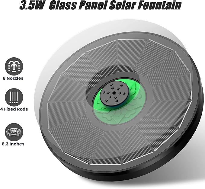 Solar Fountain Full Glass Panel No Battery, 3.5W Solar Bird Bath Fountains with 4 Fixed Rods & 7 Nozzles, Solar Fountain Pump for Bird Bath, Garden, Pond, Pool, Patio (Black Panel)