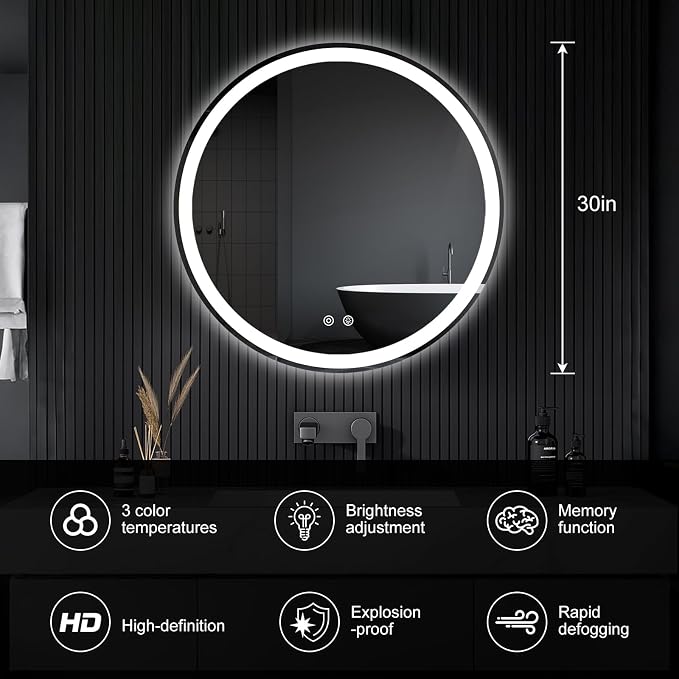 NEWBULIG 30 Inch Round LED Bathroom Wall Mirror - Image 3