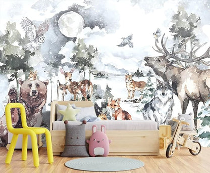 Boys or Girls Cartoon Watercolor Animals wallpeper Nursery Kids Bedroom wall by WXHFM