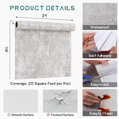 VEELIKE Distressed Light Grey Concrete Wallpaper Peel and Stick Modern Limewash - Image 9