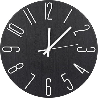 Wall Clock 12 Inch Silent Non-Ticking Imitation Wood Indoor Clock Round Black by BAKBRAND