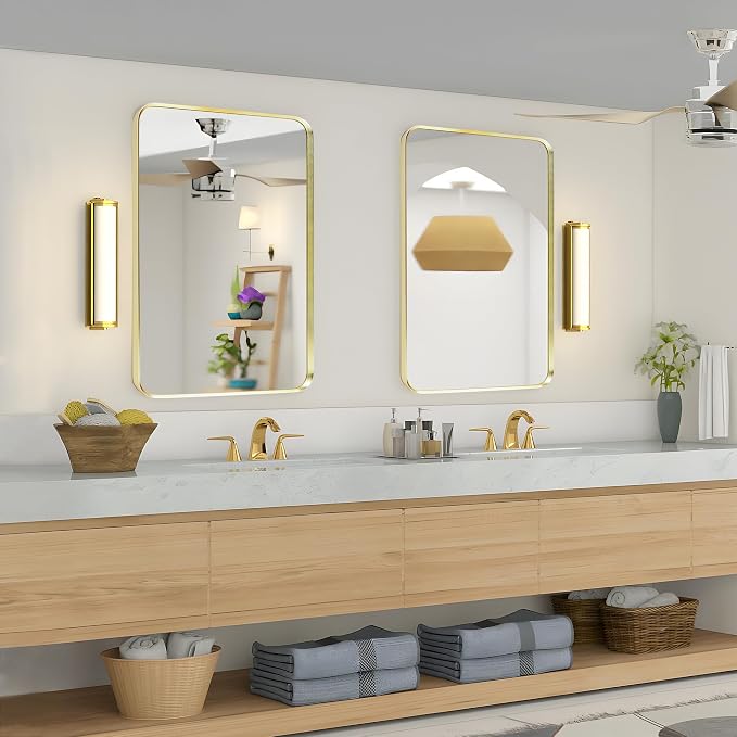 Wall Mount Mirror for Bathroom, Brushed Gold Metal Framed Rounded Corner - Image 7