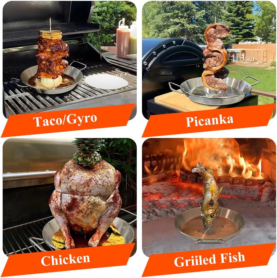 13 inch Vertical Skewer Pan Stainless Steel Gyro Spit Shawarma Stand for oven, Al Pastor Skewer for Grill, El Pastor Hack for Tacos Al Pastor Chicken, Brazilian, with 8",10",12" stick