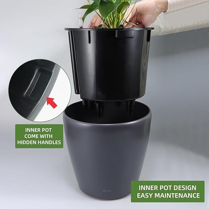 Dexceder 15x14 Self Watering Planter with Wheels Indoor Outdoor, Inner Pot Design, Thickened Large Floor Standing Flower Plant Pot with Water Level Indicator (Slate Gray Matte)