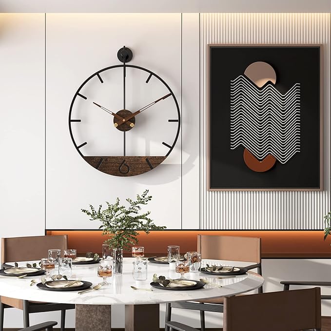 Modern Wood Walnut Dial Wall Clock, Large Simple Wall Decor Metal Frame Silent - Image 6