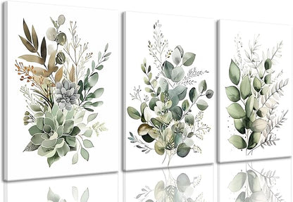 Bwodke Botanical Wall Art Plant Floral Watercolor Canvas Prints Set of 3 Framed by Bwodke