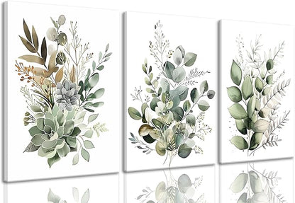 Bwodke Botanical Wall Art Plant Floral Watercolor Canvas Prints Set of 3 Framed by Bwodke