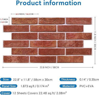COMSTICKC 3D Red Faux Brick Wall Panel Peel and Stick Wall Stickers, DIY - Image 5