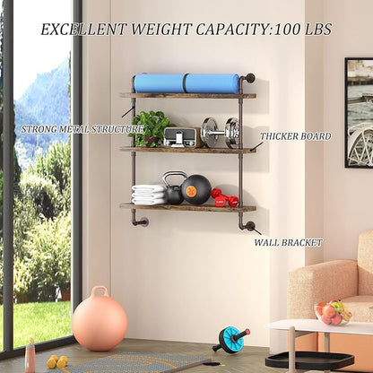 Helsin 3 Tier Industrial Pipe Shelf Rustic Wood Floating Shelves, Wall Display - Image 4