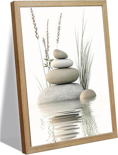 Wooden Frame Zen Stone Canvas Wall Art, Stacked Stones in Water Poster Print. by KBIERQN