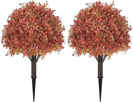 24" Tall Artificial Boxwood Ball Fall Topiary Trees Set of 2, UV Resistant Large Faux Plants Outdoor, 2ft Fake Bushes and Shrubs Look Real with Stake for Front Porch Outside Planter Backyard Decor