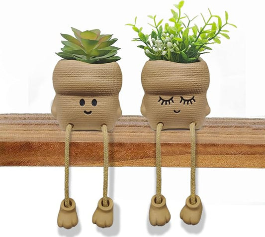 2Pcs Smiley Face Succulent Artificial Plants Planters - Cute Plant Pot Home Decor, Small Faux Plants Planter Indoor for Bathroom/Office/Kitchen Window Sill Decor, Fake Plant Ideas Gifts for Women