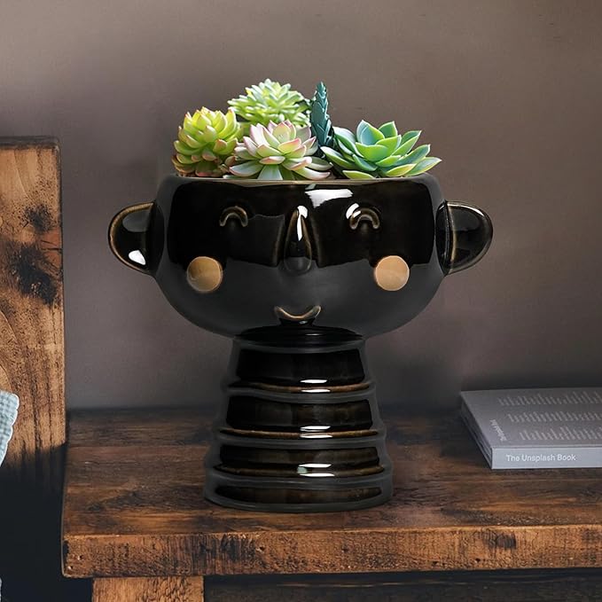 Face Planter - 7 Inch Ceramic Head Planters for Indoor Plants Outdoor, Cute Succulent Pots with Drainage Hole, Decorative Plant Pot, Home Office Room Decor, Black