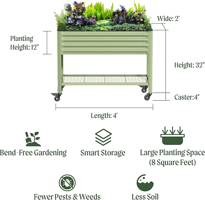 Rolling Elevated Raised Garden Bed-V Series, 2' x 4' Garden Beds with Legs & Storage Rack for Patio & Porch, 700 Lbs Weight Capacity, Outdoor Planter Box for Vegetables Flower Herbs, Olive Green