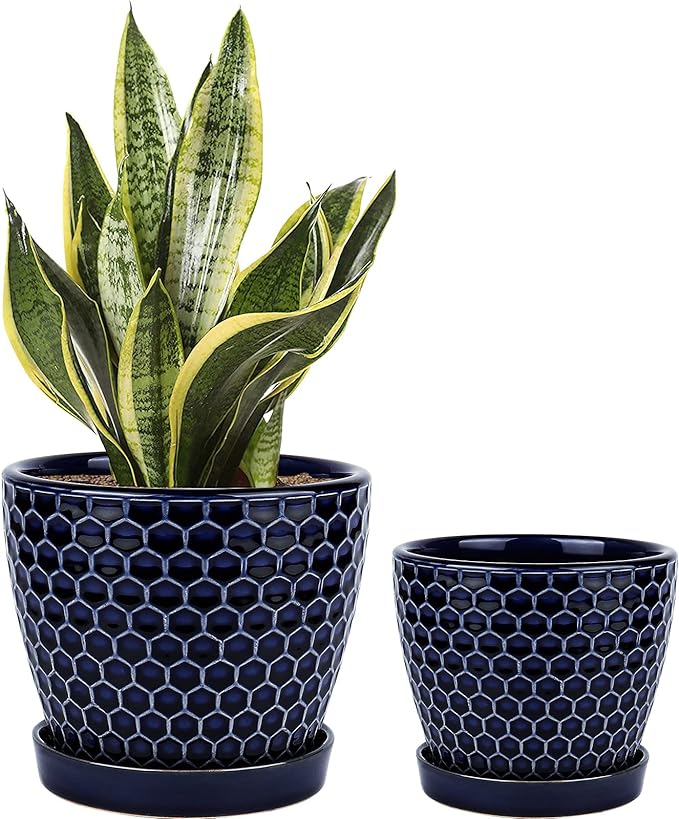 Docrin Ceramic Plant Pots Indoor: 6.6 + 5.5 Inch Planters with Drainage Holes and Saucer for Home/Office - Set of 2 /Blue Honeycomb