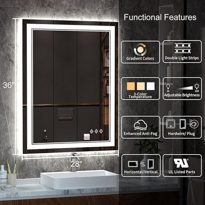 LED Mirror, 28x36 Inch Gradient Front and Backlight Lighted Mirror, 3 Colors - Image 2