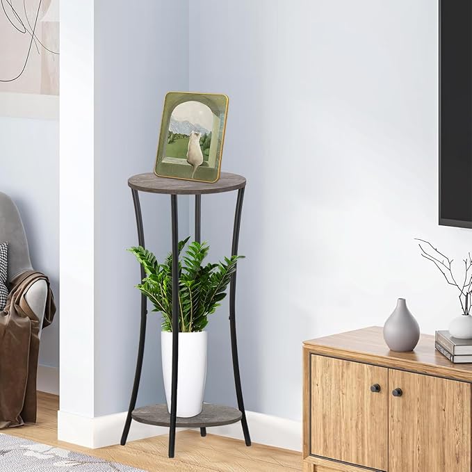 YINMIT Plant Stand Indoor,2 Tier Round Potted Holder Rack,Flower Pot Stand Shelf,Round Supports Rack,Corner Plant Shelf for Balcony Garden Patio Living Room,Grey