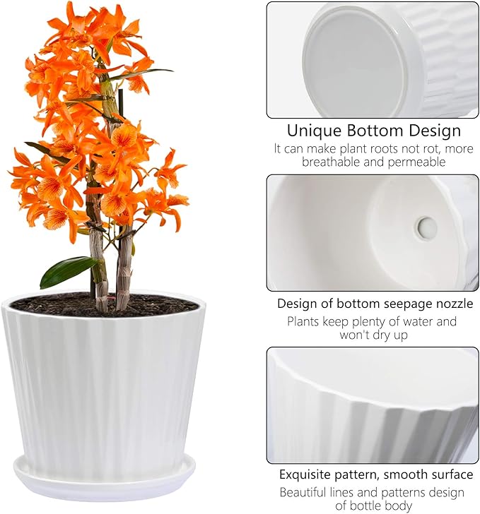 Plant Pots - 6.7 Inch Cylinder Ceramic Planters with Connected Saucer, Pots for Succuelnt and Little Snake Plants, Set of 2, White