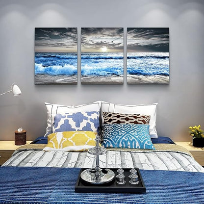 MHARTK66 3 Panel Blue Beach Canvas Wall Art - Image 4