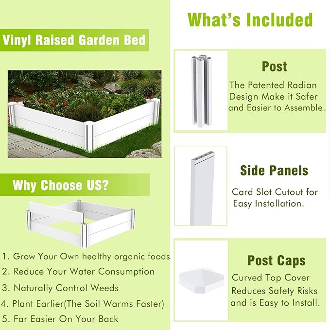 4'x4' White Vinyl Raised Garden Bed Kit, Outdoor Above Ground Garden Box for Growing Vegetables, Flowers, Herbs, DIY Gardening, Whelping Pen and More
