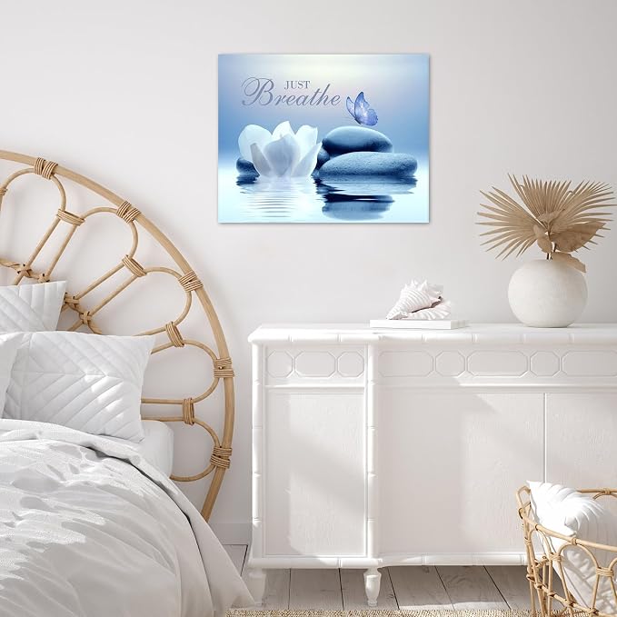 EOBTAIN Zen Canvas Wall Art Bathroom Blue Butterfly and Floral Stone Relaxing - Image 5