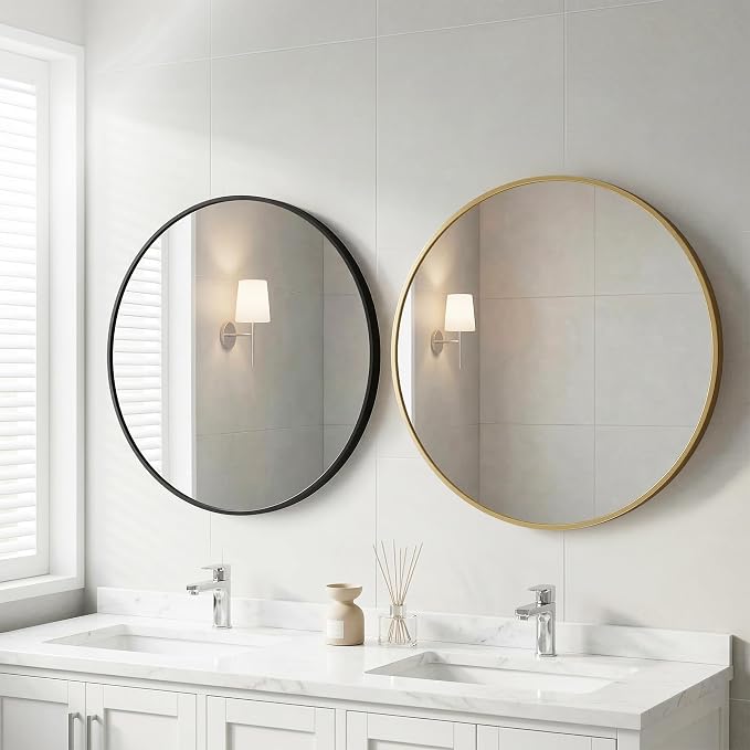 OLIXIS 24 Inch Black Round Bathroom Wall Mirror, Round Bathroom Mirrors - Image 2