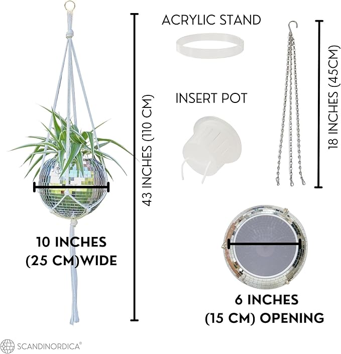 SCANDINORDICA Disco Ball Planter – Value Package: Mirror Disco Planter with Chain, Macrame Hanger and Acrylic Stand for Desk, Includes Self Watering Insert, Eclectic Home Decor | 10 inch Silver