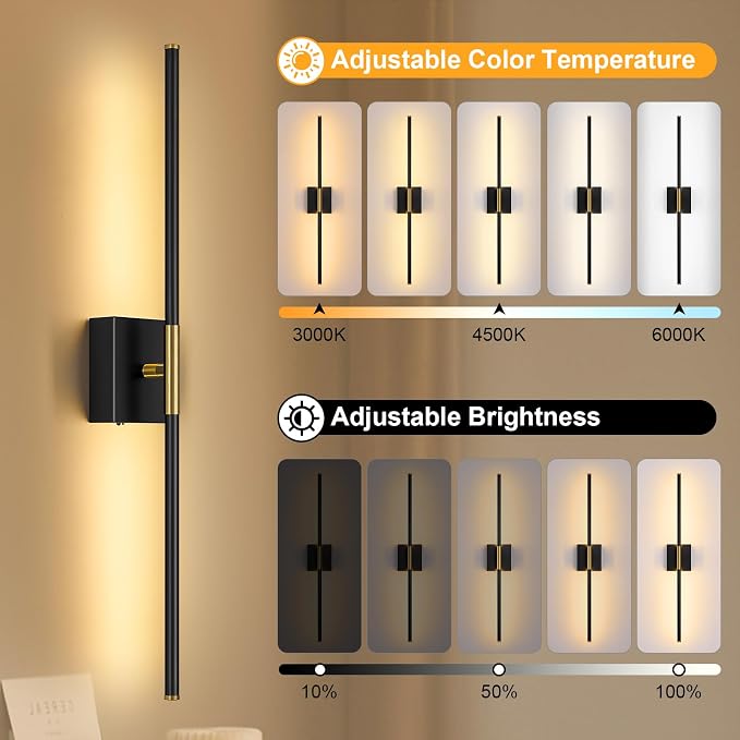 Wall Sconces Set of Two with Remote Control 29.1 in Dimmable Black Gold Battery - Image 3