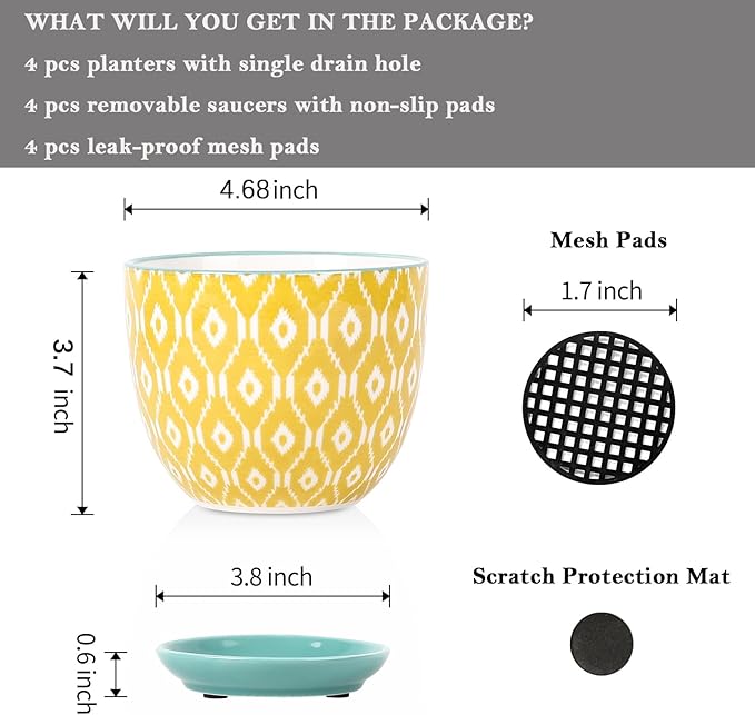 Selamica Ceramic Plant Pots, 4.6 Inch Flower Pots for Indoor Plants, Succulent Pots with Drainage Hole & Saucer, Succulent Planters for Succulent Cactus, Home Decor, Set of 4, Assorted Colors