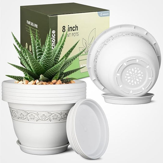 8 Inch Plant Pots with Drainage Hole - Lightweight Flower Pots for Herbs and Flowers - Home Decor Plastic Planters for Indoor Outdoor Plants- Pack of 6 (White, 8 inch)