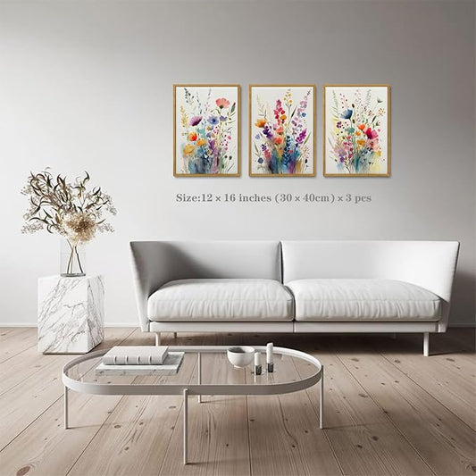 KISSFOX 3 Piece Colorful Wildflower Botanical Framed Wall Art Watercolor Floral - Image 2