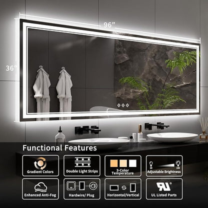 Bathroom Mirror with Lights, 96x36 Inch Gradient Front and Backlit Big Lighted - Image 2