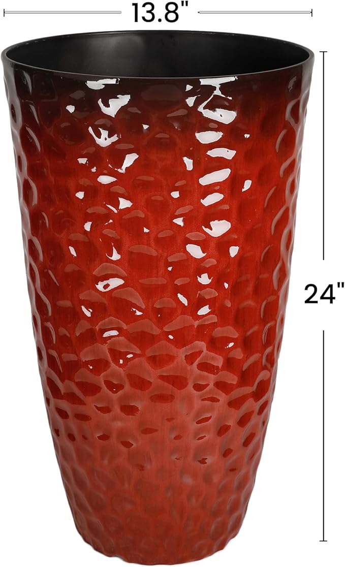 Worth Garden 14" Dia x 24" H Large Plastic Planters with Drainage Hole, Set of 2 Hammered Texture Red Glossy Smooth Finish, Tall Taper Round Decorative Flower Plant Pot for Indoor Outdoor, Front Porch