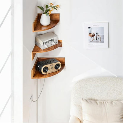 Demigo Corner Shelf Wall Mount Set of 3, Solid Acacia Wood Round Floating - Image 2