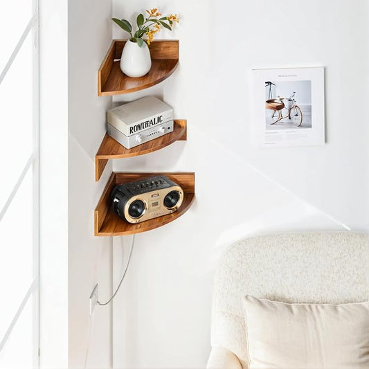 Demigo Corner Shelf Wall Mount Set of 3, Solid Acacia Wood Round Floating - Image 2