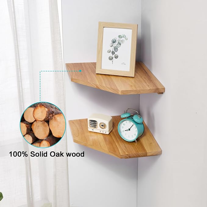 Corner Wall Shelves, Corner Floating Shelves Set of 2 Solid Oak Wood Display - Image 5