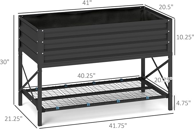 Outsunny Raised Garden Bed with Galvanized Steel Frame, Storage Shelf and Bed Liner, Elevated Planter Box with Legs for Vegetables, Flowers, Herbs, Dark Gray