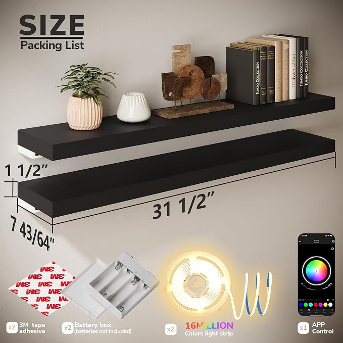BAMEOS Floating Shelves with RGB LED, Wall Mounted Display Shelves Decoration - Image 2