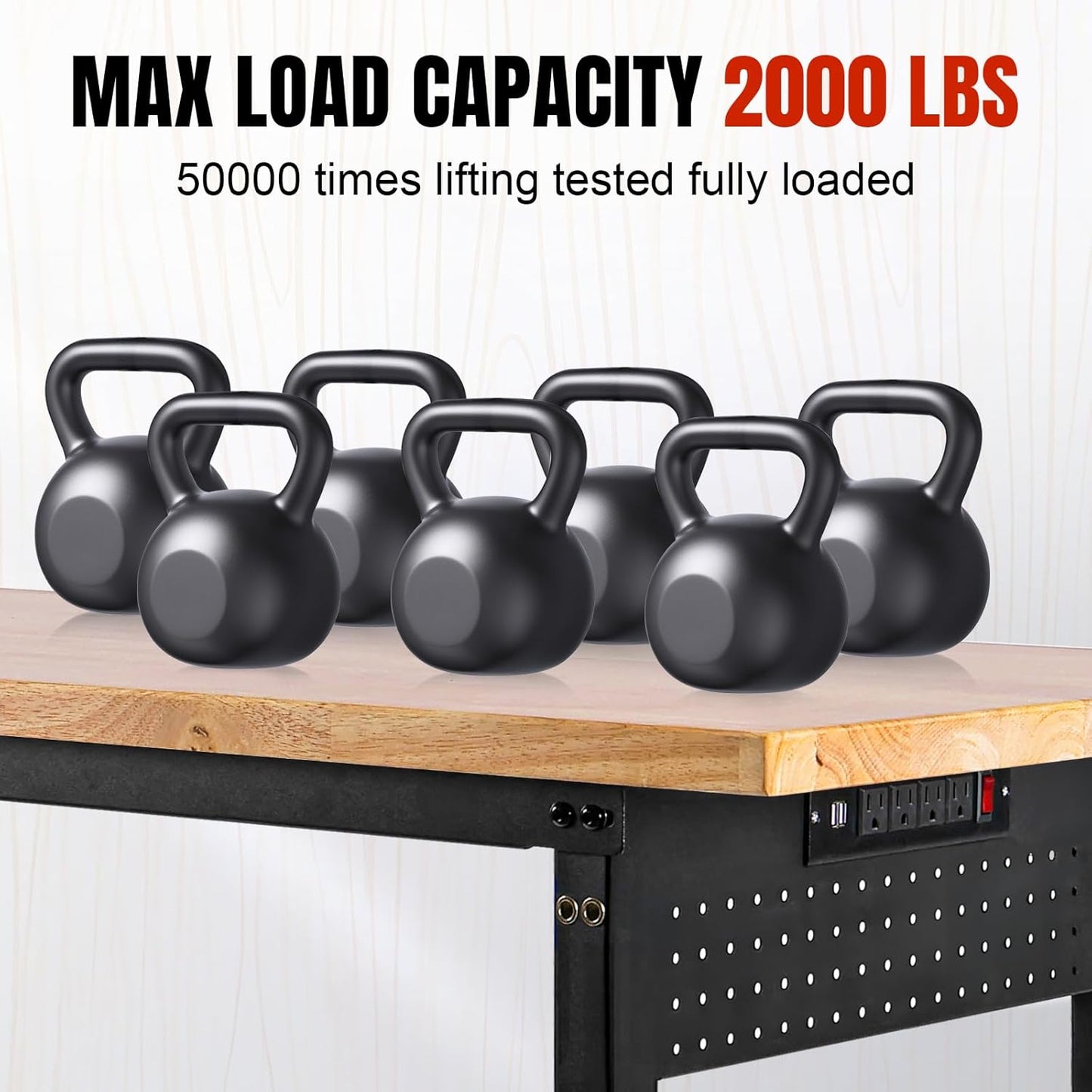 Height Adjustable Workbench with Wheels 60”×22” Heavy Duty Work Table 2000 LBS Capacity Rolling Work Table Rubber Wood Work Station with Power Outlet & Pegboard for Garage, Office, Workshop