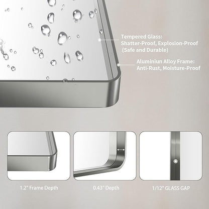 LOAAO 50X30 Inch Brushed Nickel Bathroom Mirror, Rounded Rectangle Silver Metal - Image 5