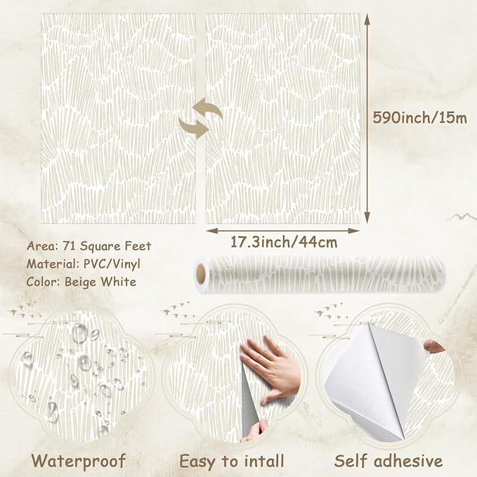 Theper Beige Modern Striped Peel and Stick Wallpaper Boho 17.3"×590" Self - Image 3