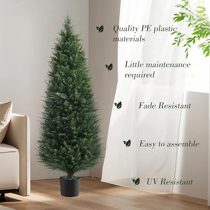 Two 4ft Artificial Plants Topairy Faux Cedar Trees for Outdoor Planters, 48IN Tall Fake Pine Bushes UV Resistant Large Potted Shrubs for Front Porch Décor