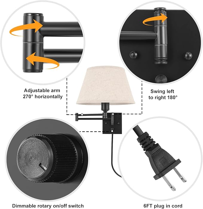 TRLIFE Dimmable Wall Sconce Plug in, Wall Sconces Set of Two Swing Arm Wall - Image 4