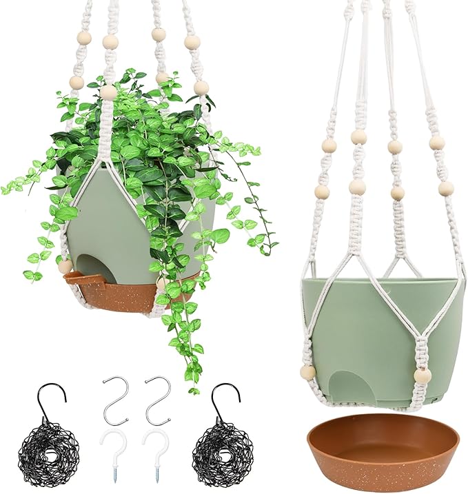 Hanging Planters for Indoor Outdoor Plants, 2 Pack Self Watering Hanging Pot with Drainage Holes, Removable Tray & 2 Kinds of Plant Hangers, 8'' Hanging Flower Pots for Home Garden Decor, Green