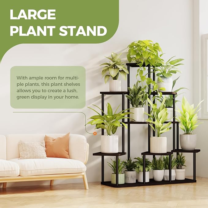 Bamworld Large Plant Stand Indoor, 9 Tier Tall Metal Plant Shelf for Multiple Plants, Tiered Flower Stand for Patio Garden Balcony Living Room Bedroom(Black)