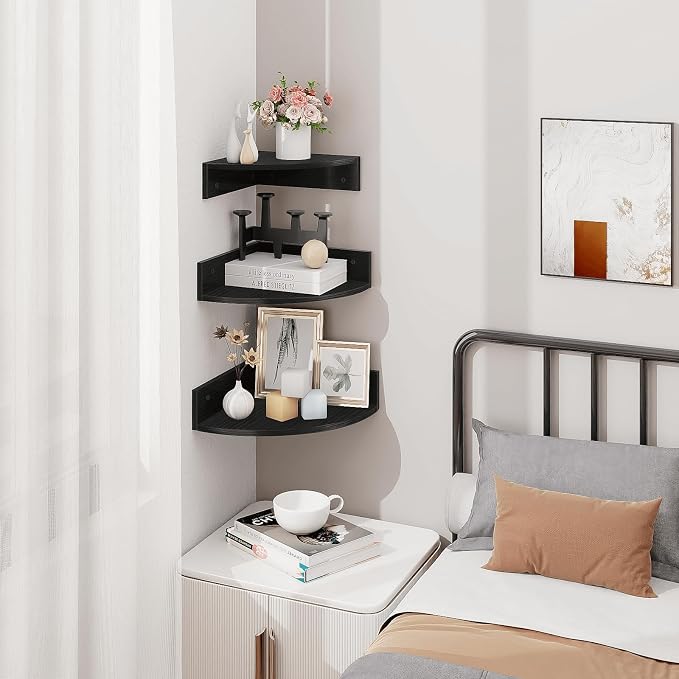 Homode Corner Floating Shelves, 3 Tier Wooden Hanging Corner Storage Shelf - Image 2