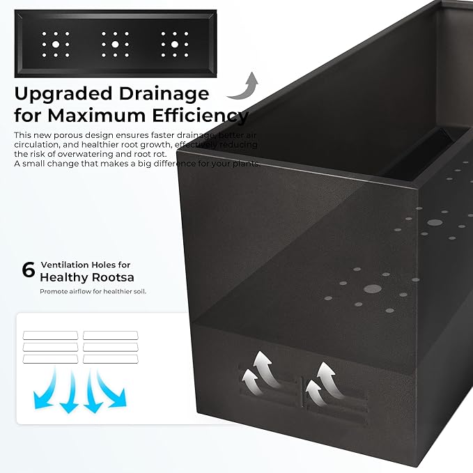 Worth Garden Metal Planter Box - 30" L x 11" W x 13" H Matte Black Heavy Duty Large Rectangular Steel Modern Plant Pot, Indoor Outdoor - Insert Plate with Drain Holes, Air Vents, No Assembly Required