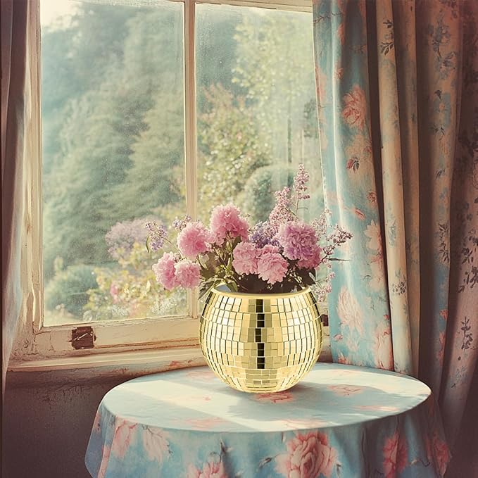 2 Pcs Disco Ball Vase,5 x 6 Inch Mirrored Disco Ball Planter,Disco Ball Candle Holders Perfect Disco Decorative Planters for Living Room Bedroom Table Wedding Party Birthday(Gold)