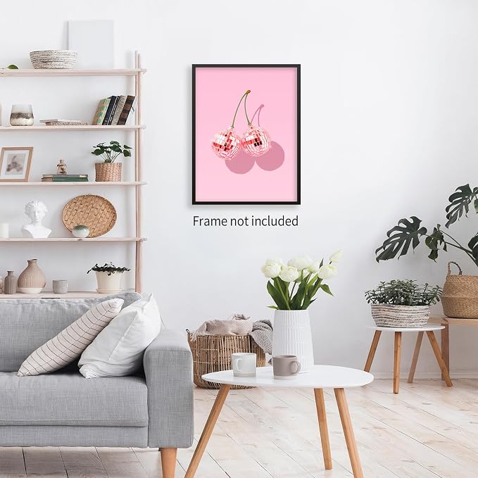 jkahh Funky Pink Cherry Poster Retro Disco Ball Canvas Wall Art Trendy Preppy - Image 4
